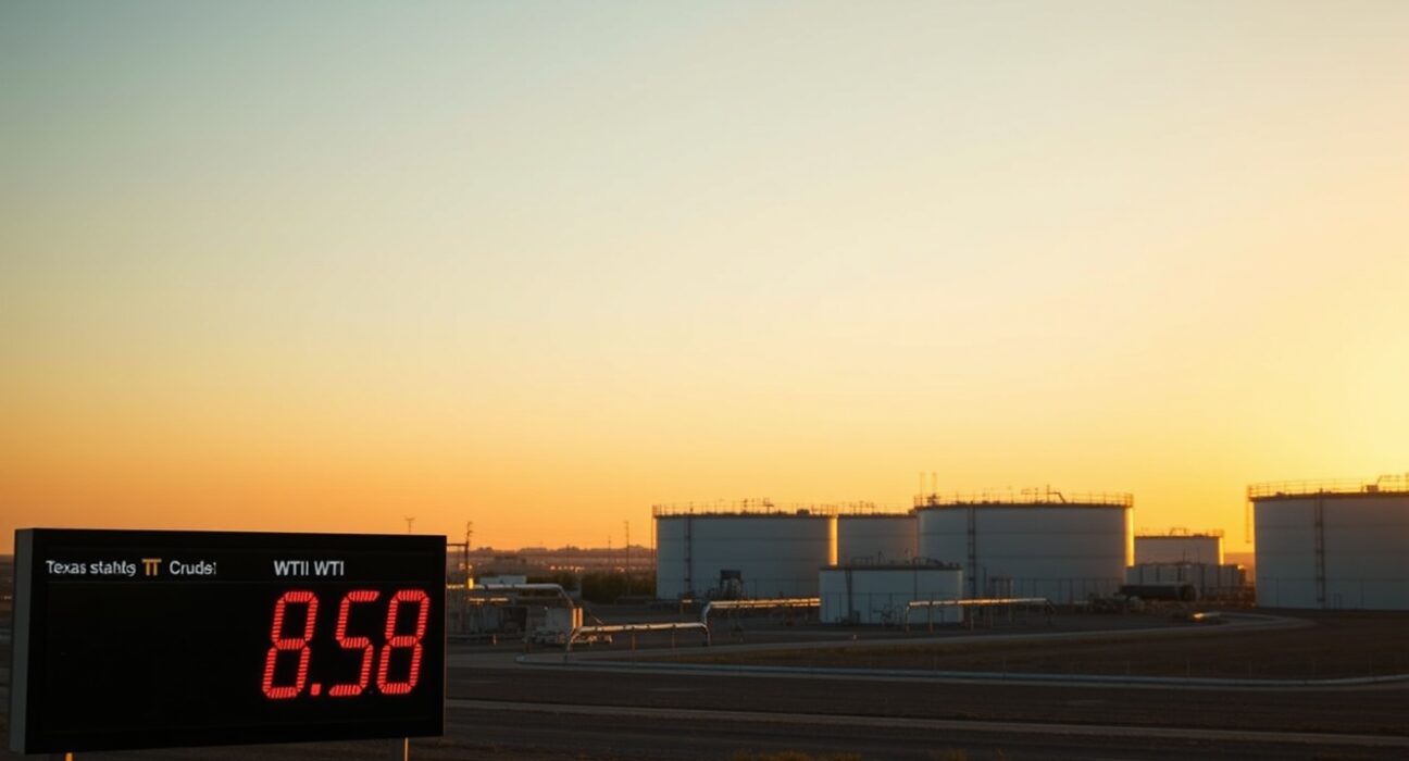 WTI crude oil price display near $82.50 at an oil storage facility, with US-Iran diplomatic pause in background