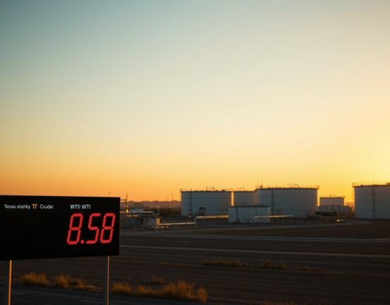 WTI crude oil price display near $82.50 at an oil storage facility, with US-Iran diplomatic pause in background