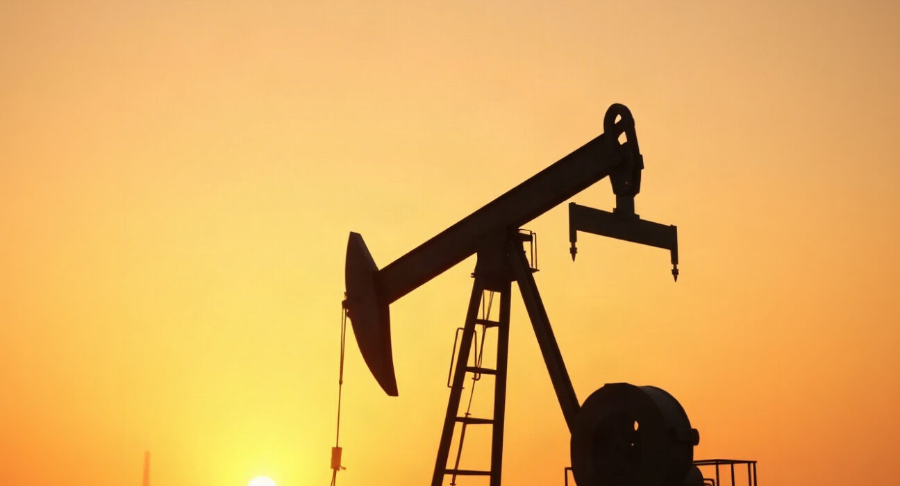 Oil pumpjack in a field at sunset, symbolizing crude oil production and market stability.