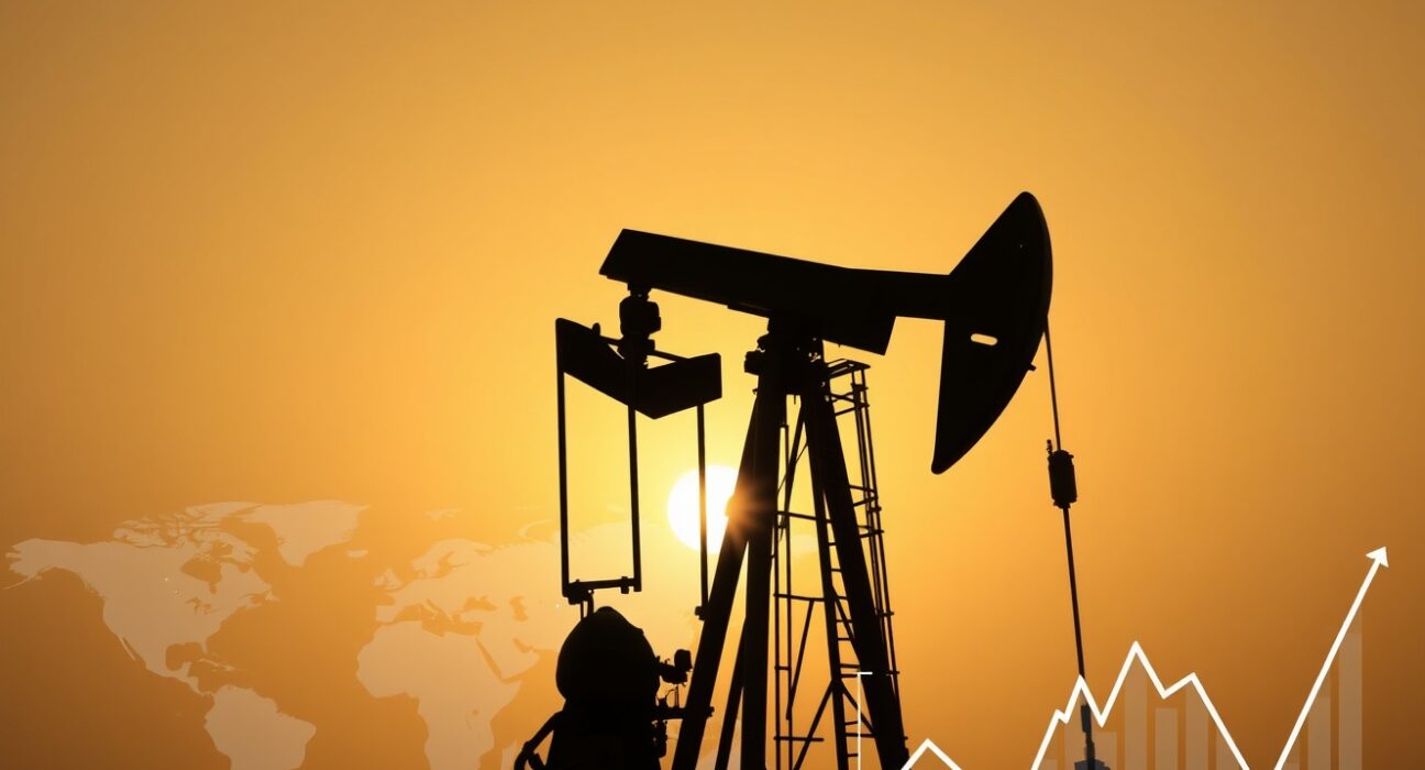 Oil pumpjack silhouetted against sunset sky with chart overlay representing WTI price pressure