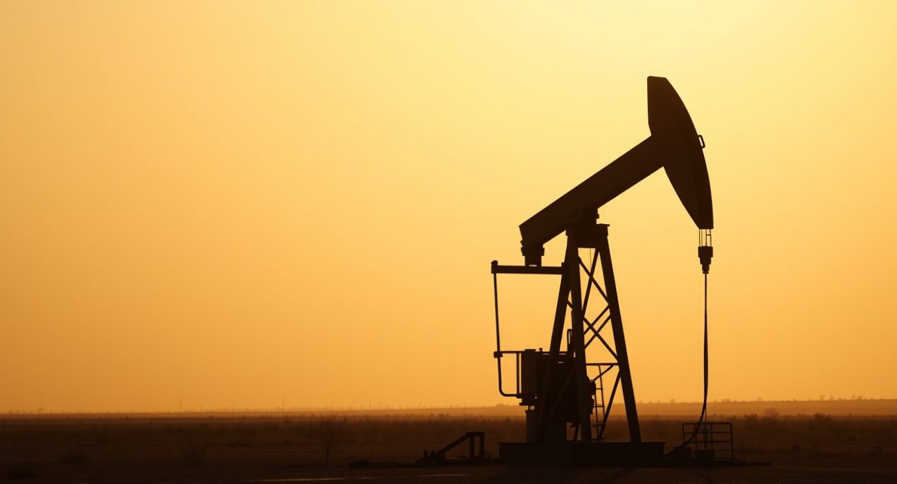 Oil pumpjack silhouetted against a hazy sunset sky, representing cautious crude oil markets amid geopolitical uncertainty.