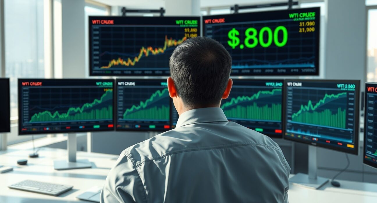 A commodities trader monitors WTI Crude Oil prices surpassing $80 per barrel on market displays.
