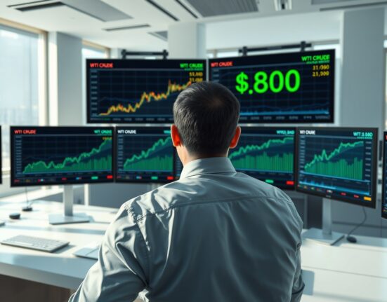 A commodities trader monitors WTI Crude Oil prices surpassing $80 per barrel on market displays.