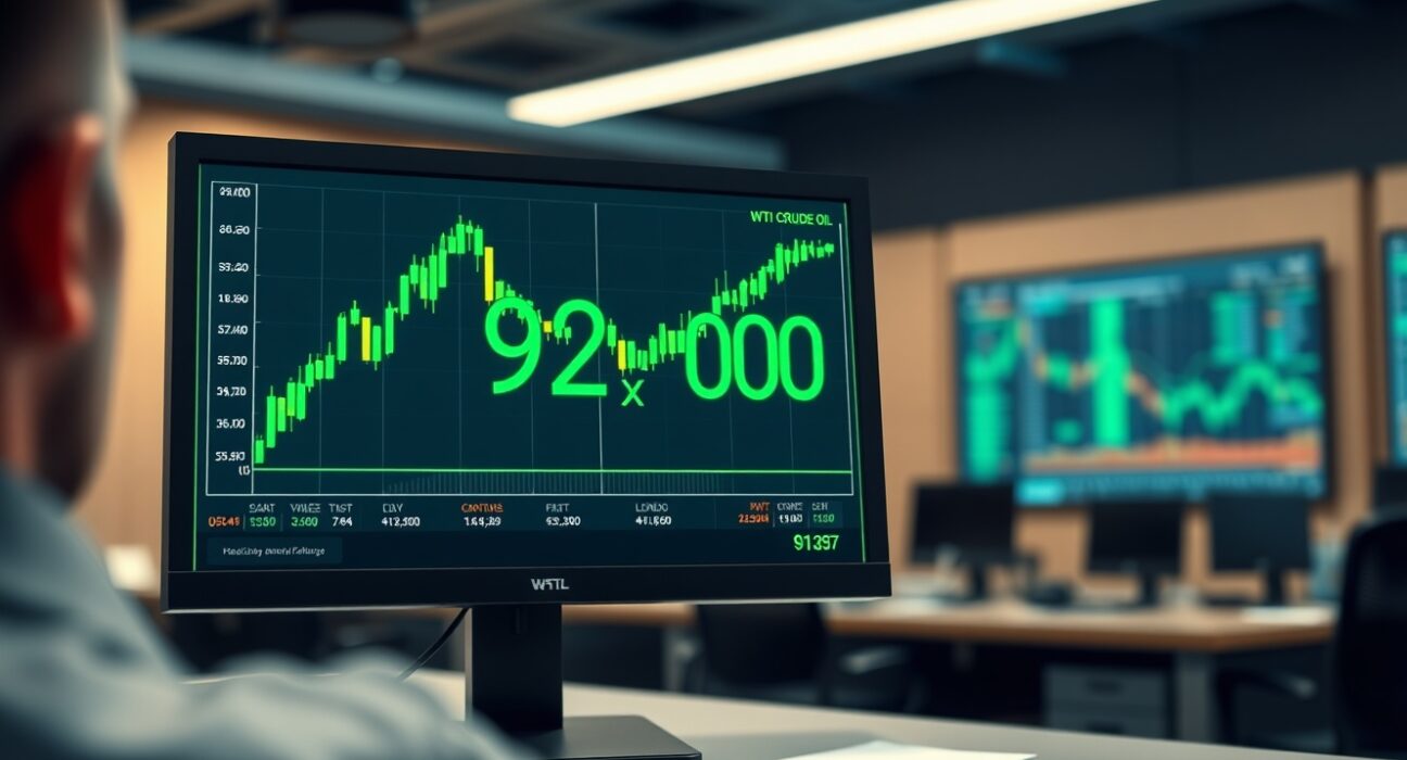WTI crude oil price chart rallying to $92 on a trading terminal amid supply concerns.