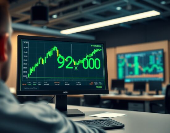 WTI crude oil price chart rallying to $92 on a trading terminal amid supply concerns.