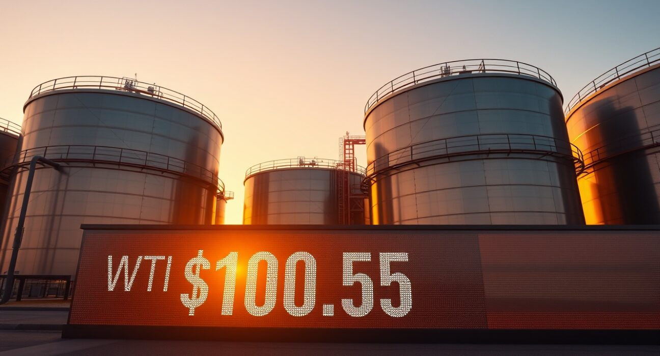 WTI crude oil price at $100.50 with oil storage tanks in background at sunset