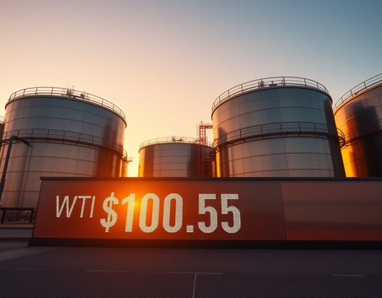 WTI crude oil price at $100.50 with oil storage tanks in background at sunset