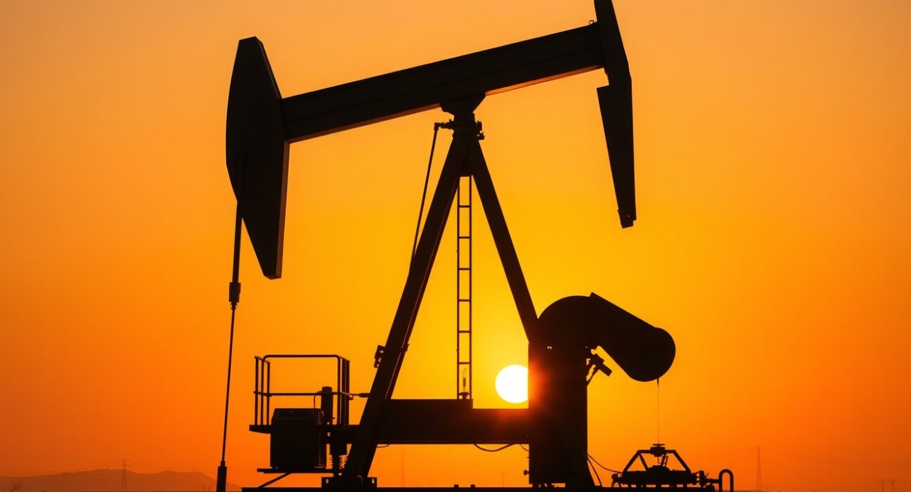 Oil pumpjack silhouette at sunset representing crude oil production and energy markets