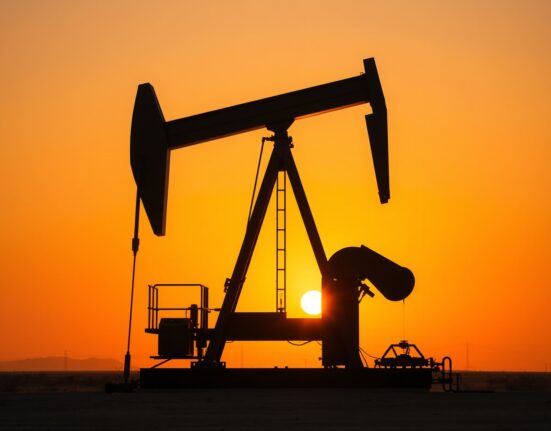 Oil pumpjack silhouette at sunset representing crude oil production and energy markets