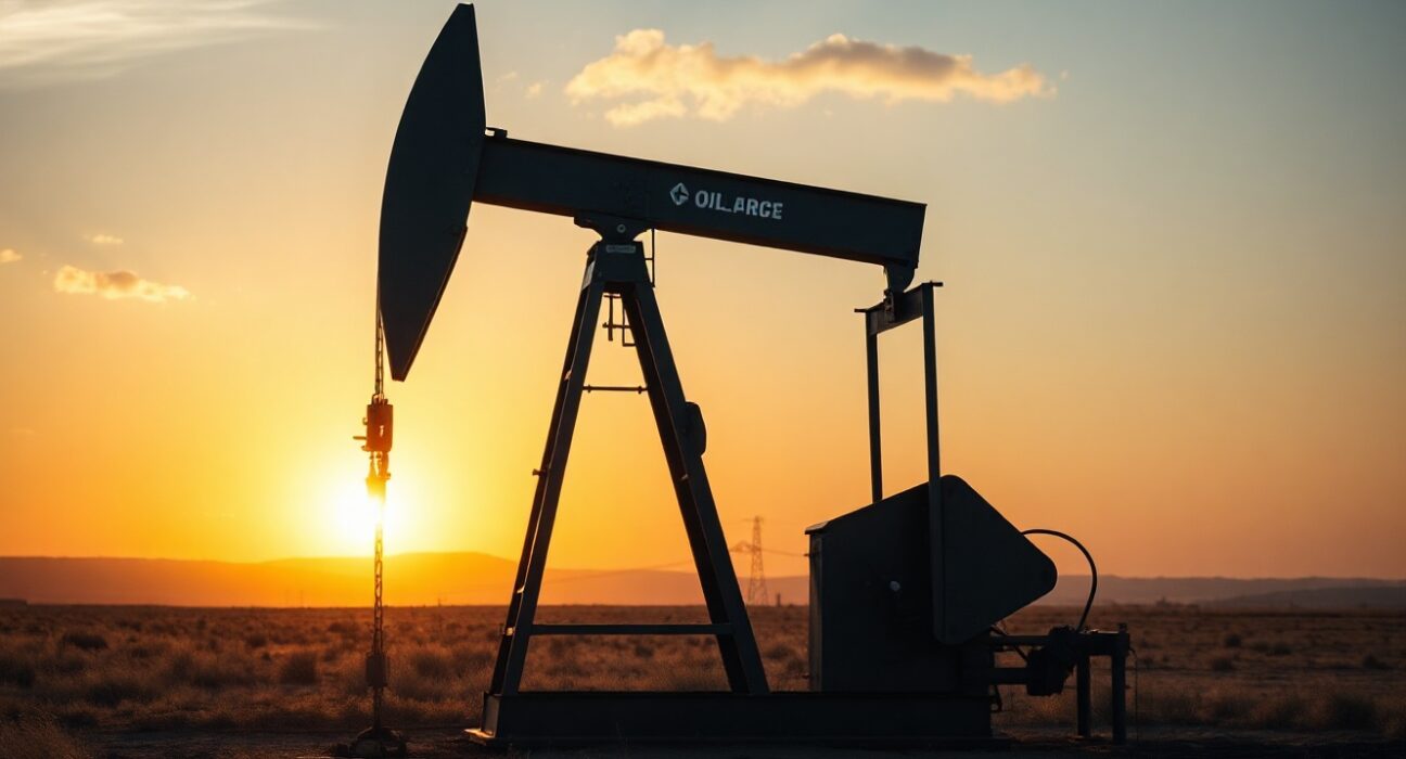 Oil pumpjack silhouetted against sunset sky representing crude oil price decline