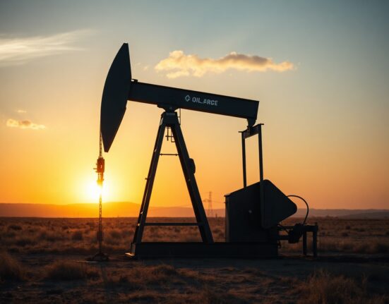 Oil pumpjack silhouetted against sunset sky representing crude oil price decline