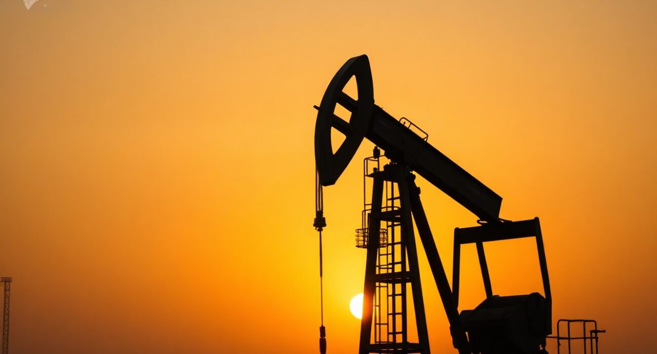 Crude oil pumpjack at sunset with a geopolitical map of the Middle East in the background, representing oil price volatility and geopolitical tensions.