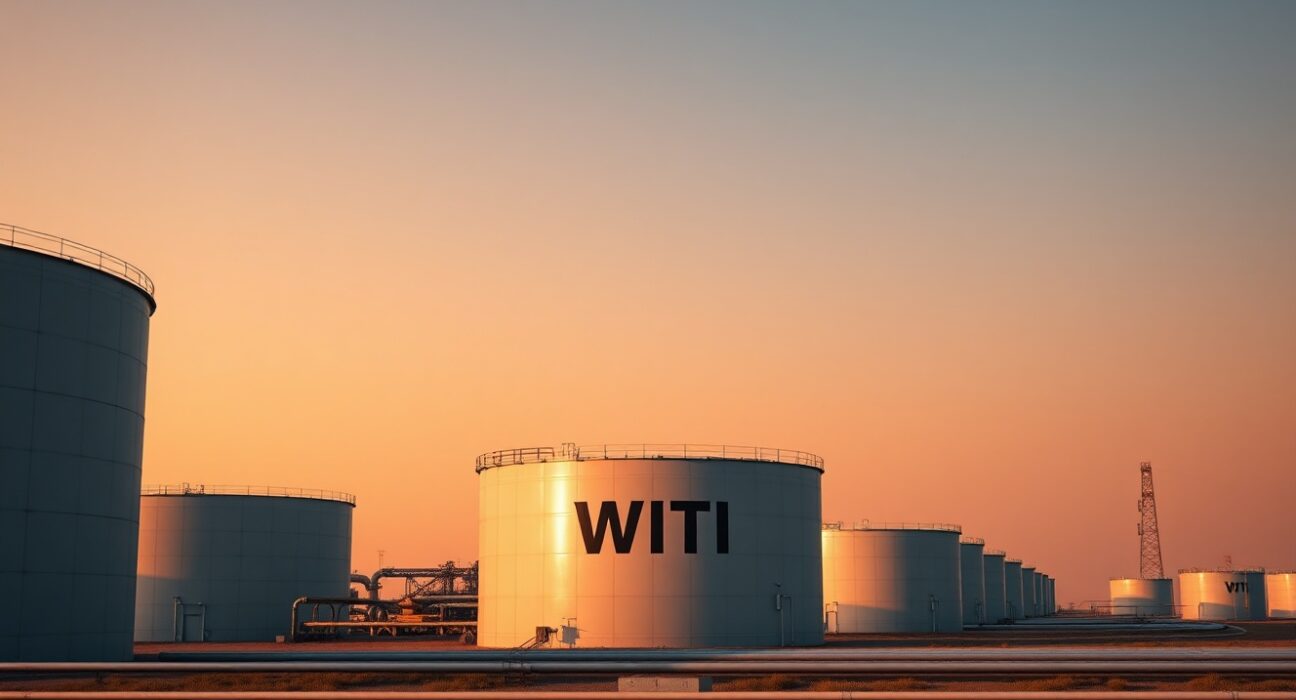 WTI crude oil storage tanks at sunset, representing oil price consolidation below $68.