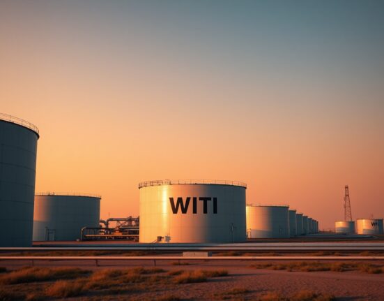 WTI crude oil storage tanks at sunset, representing oil price consolidation below $68.