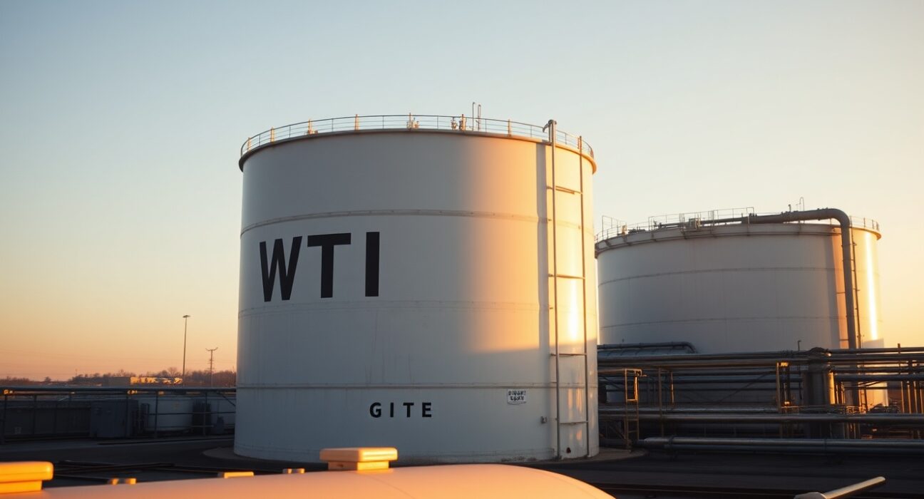 WTI crude oil storage tanks at a refinery during late afternoon, representing oil market consolidation ahead of US Iran talks