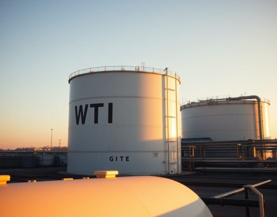 WTI crude oil storage tanks at a refinery during late afternoon, representing oil market consolidation ahead of US Iran talks