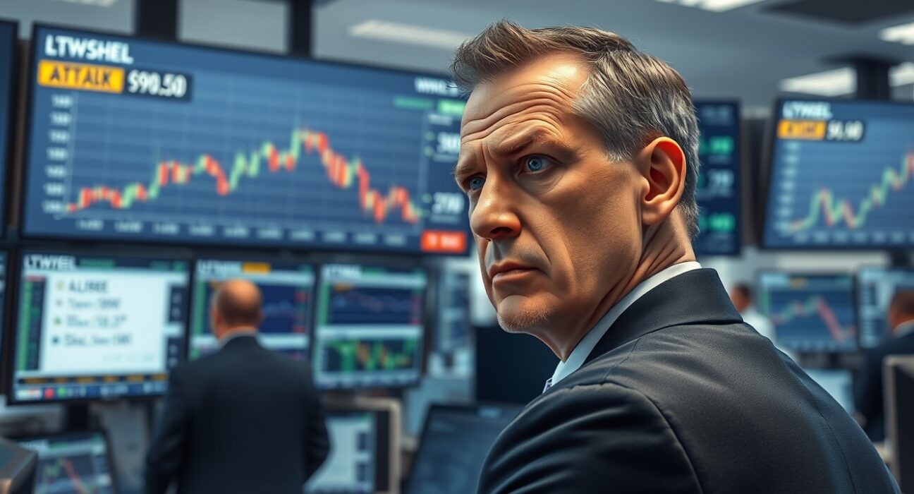 Trader analyzing WTI crude oil price at $90.50 on trading floor display amid market uncertainty.