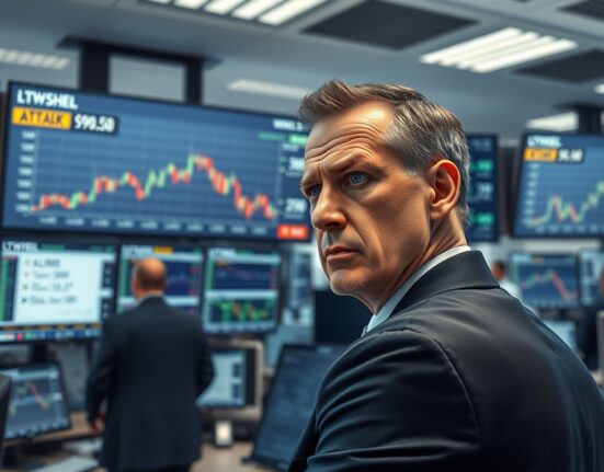 Trader analyzing WTI crude oil price at $90.50 on trading floor display amid market uncertainty.