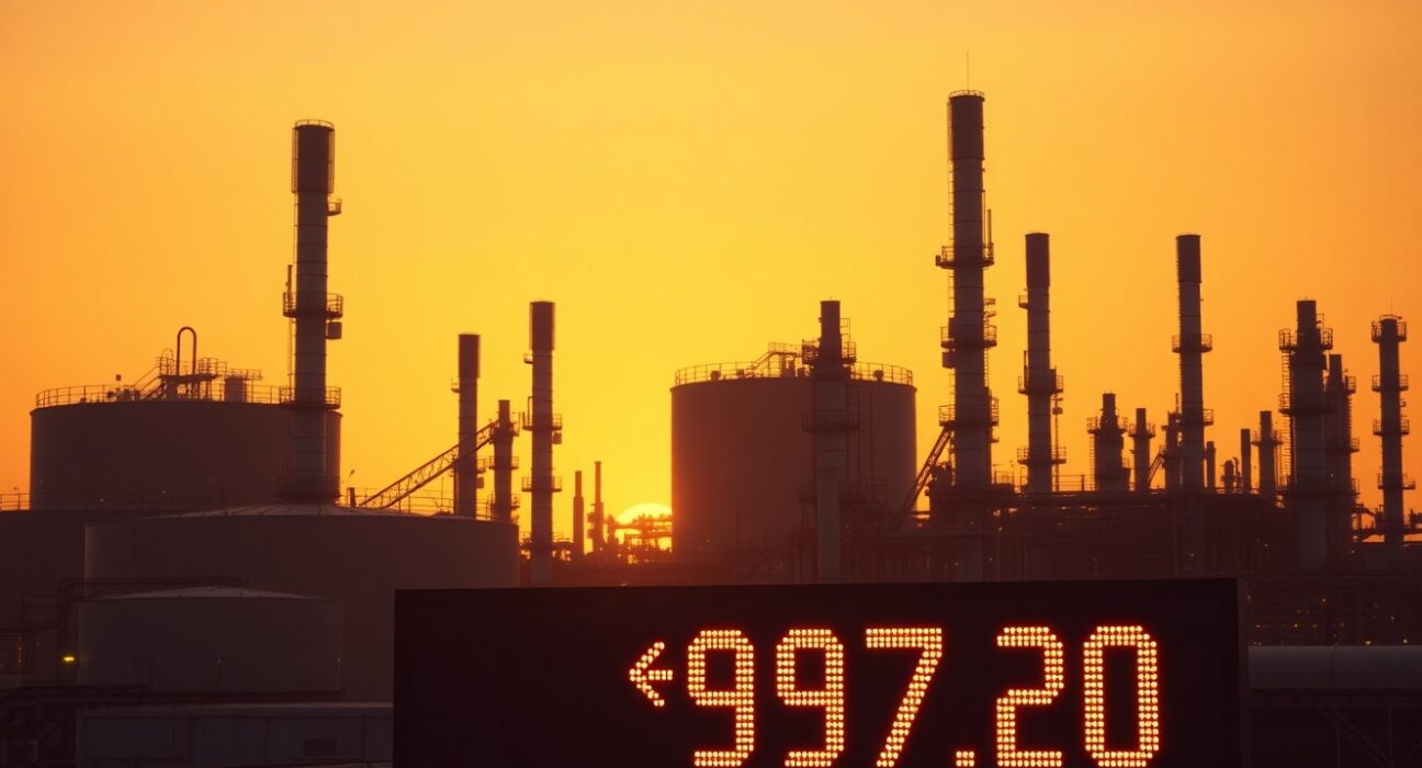 Oil refinery at sunset with crude oil price display showing correction near $97.20