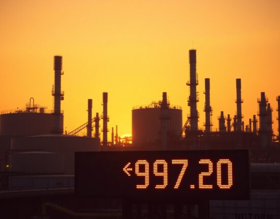 Oil refinery at sunset with crude oil price display showing correction near $97.20