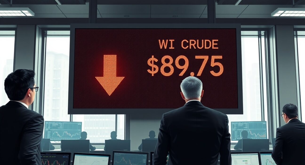 WTI crude oil price crash on trading floor display after geopolitical news