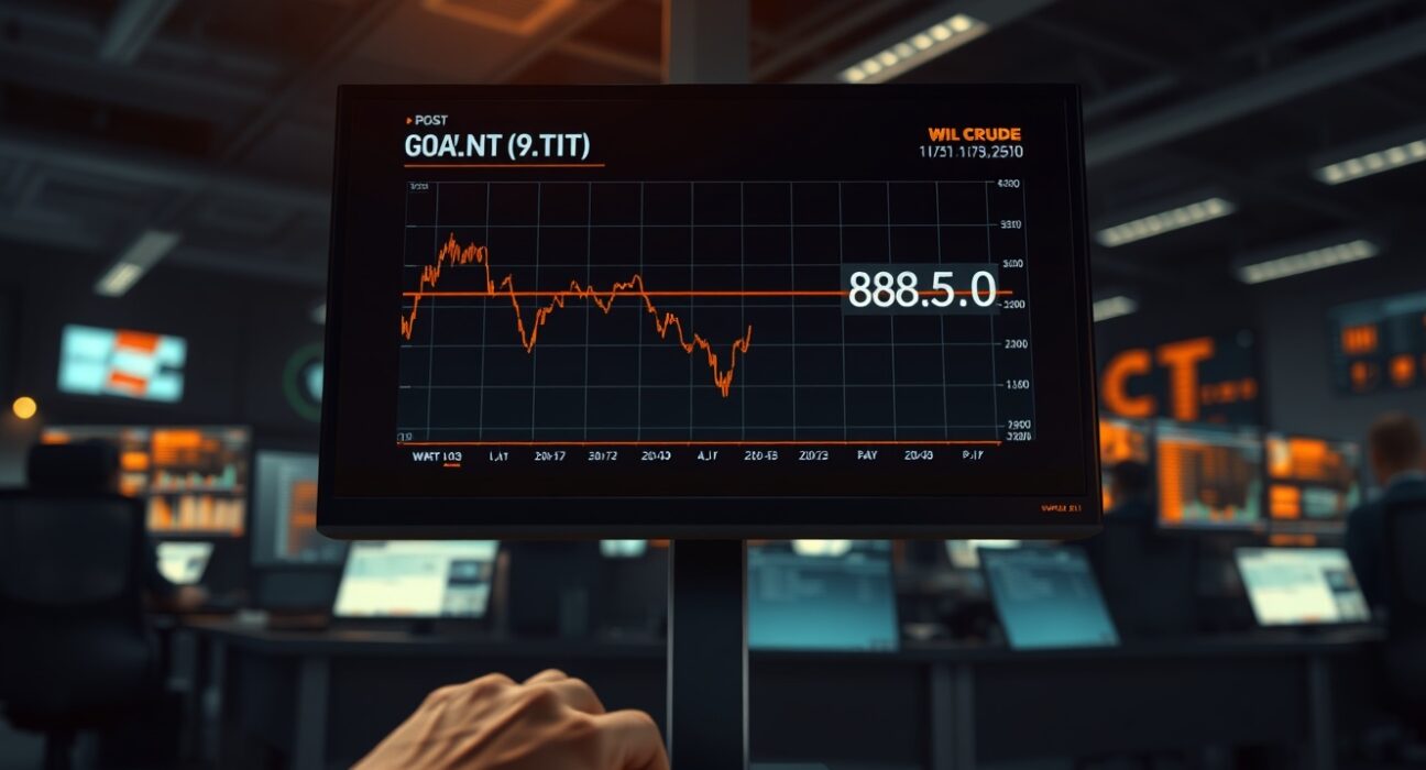 WTI crude oil price chart declining on a trading desk screen amid geopolitical news.