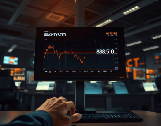 WTI crude oil price chart declining on a trading desk screen amid geopolitical news.