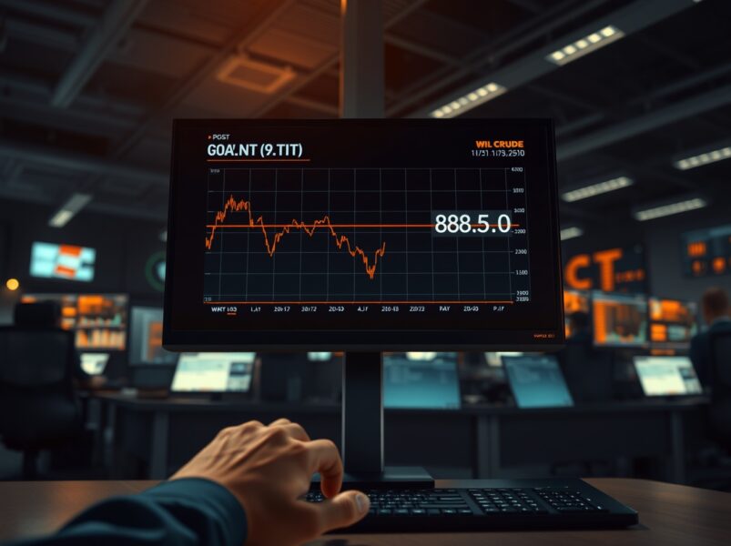 WTI crude oil price chart declining on a trading desk screen amid geopolitical news.