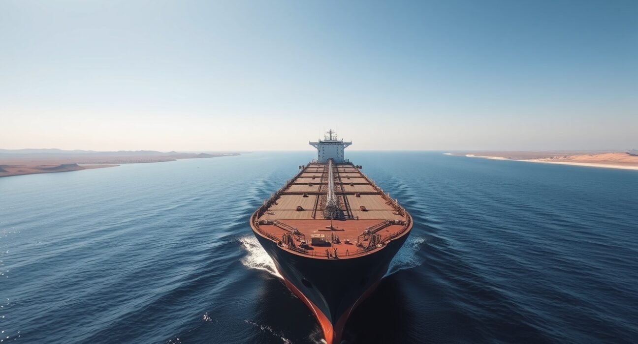 Oil tanker navigating the Strait of Hormuz under clear skies, representing eased geopolitical risk