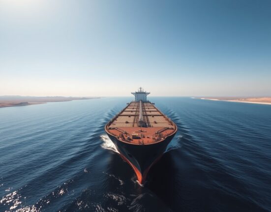 Oil tanker navigating the Strait of Hormuz under clear skies, representing eased geopolitical risk