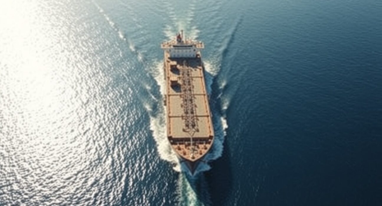 Aerial view of oil tanker navigating the Strait of Hormuz under bright sunlight