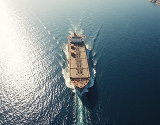 Aerial view of oil tanker navigating the Strait of Hormuz under bright sunlight