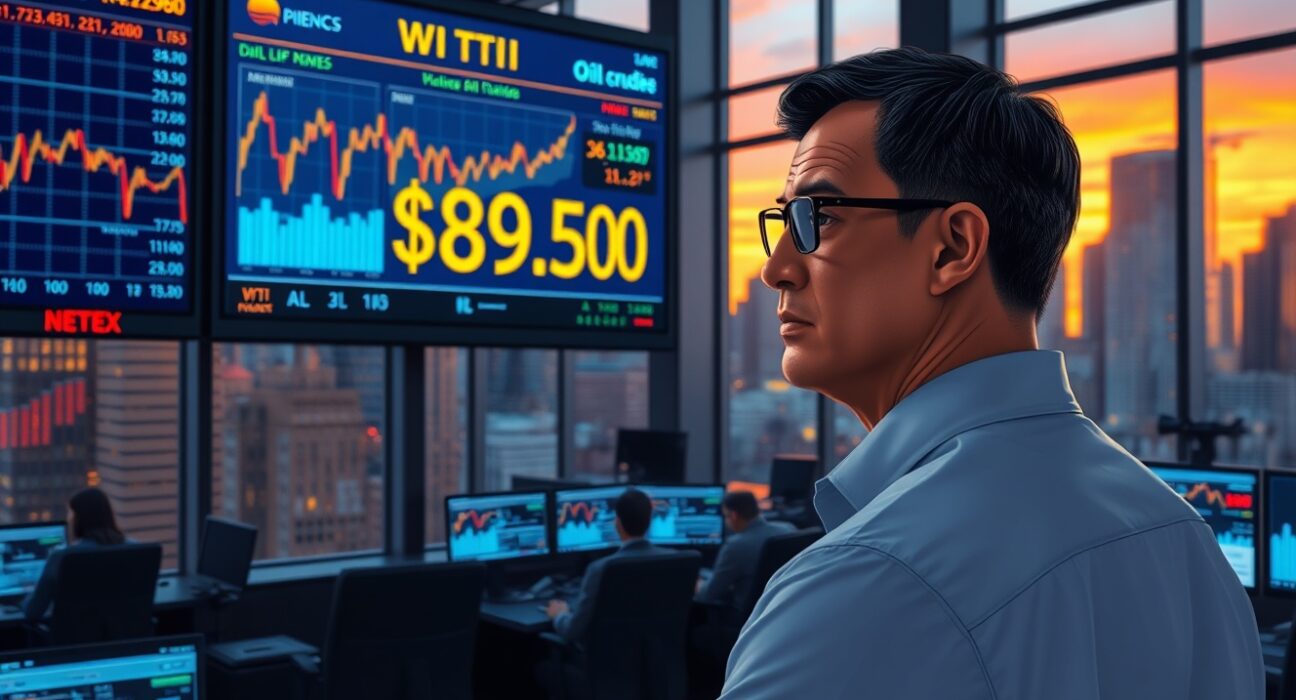 Oil trading floor monitors show WTI crude price at $89.50 amid US-Iran negotiation uncertainty.