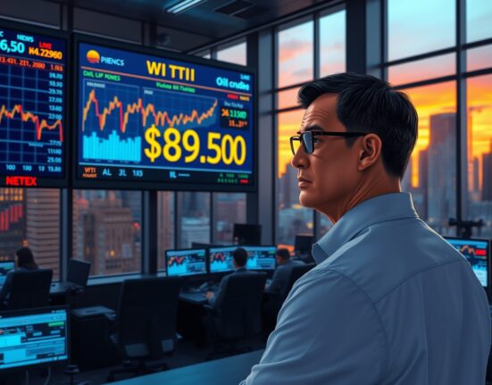 Oil trading floor monitors show WTI crude price at $89.50 amid US-Iran negotiation uncertainty.