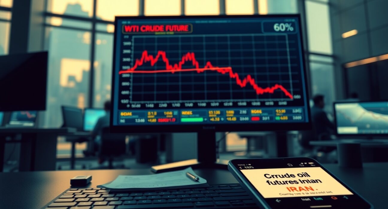 WTI Crude Oil trading screen showing price drop amid Iran de-escalation news and API inventory anticipation.