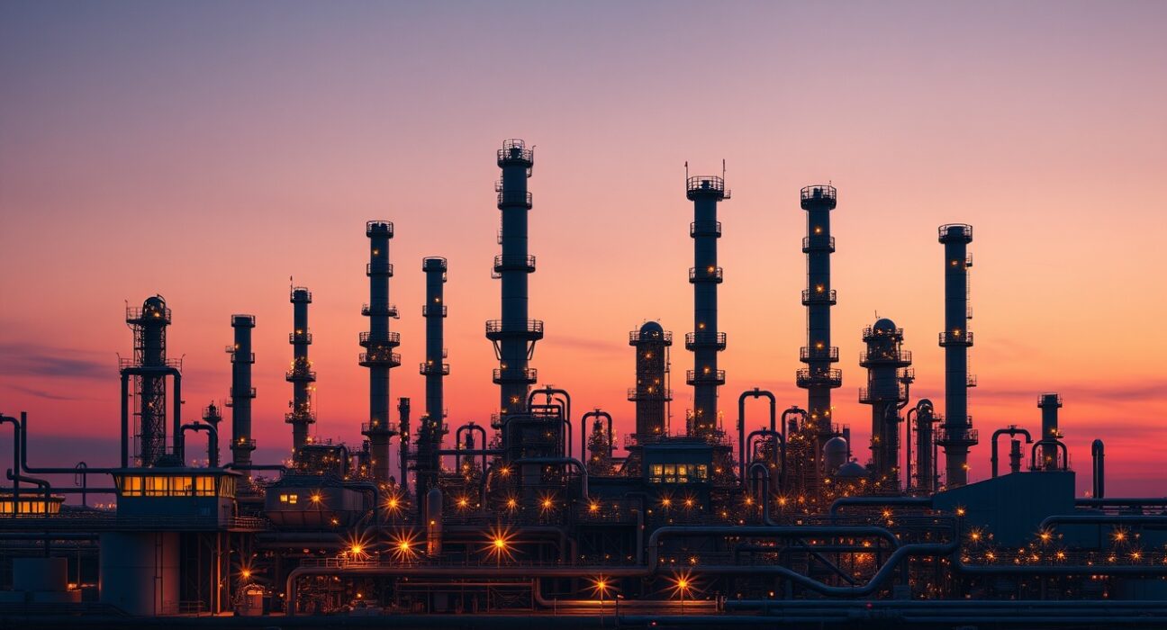 Oil refinery at dusk representing energy infrastructure security concerns amid Iran attacks