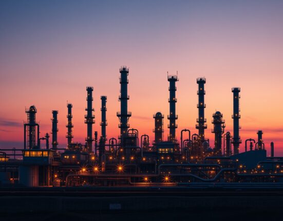 Oil refinery at dusk representing energy infrastructure security concerns amid Iran attacks