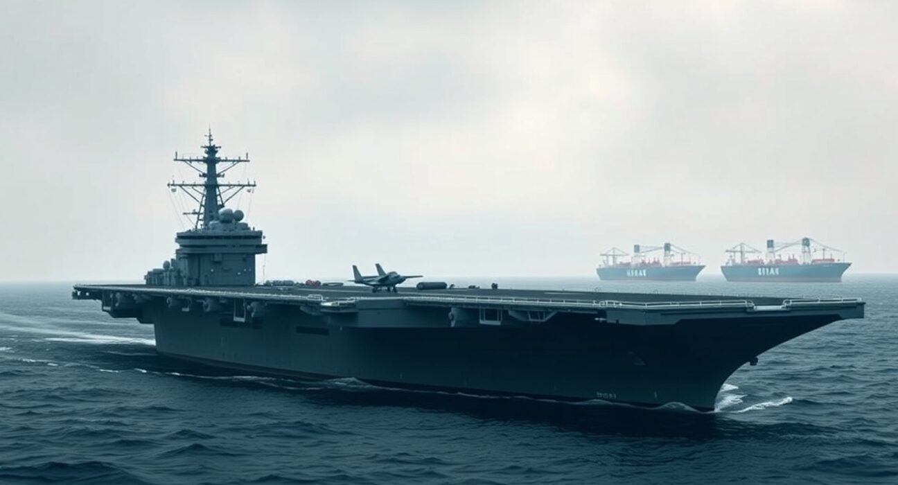 WTI crude oil price surge near $105.00 due to Trump Iran naval blockade, showing a U.S. Navy carrier in the Strait of Hormuz.