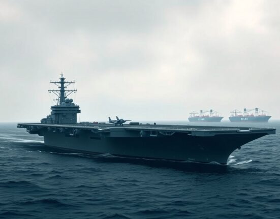 WTI crude oil price surge near $105.00 due to Trump Iran naval blockade, showing a U.S. Navy carrier in the Strait of Hormuz.