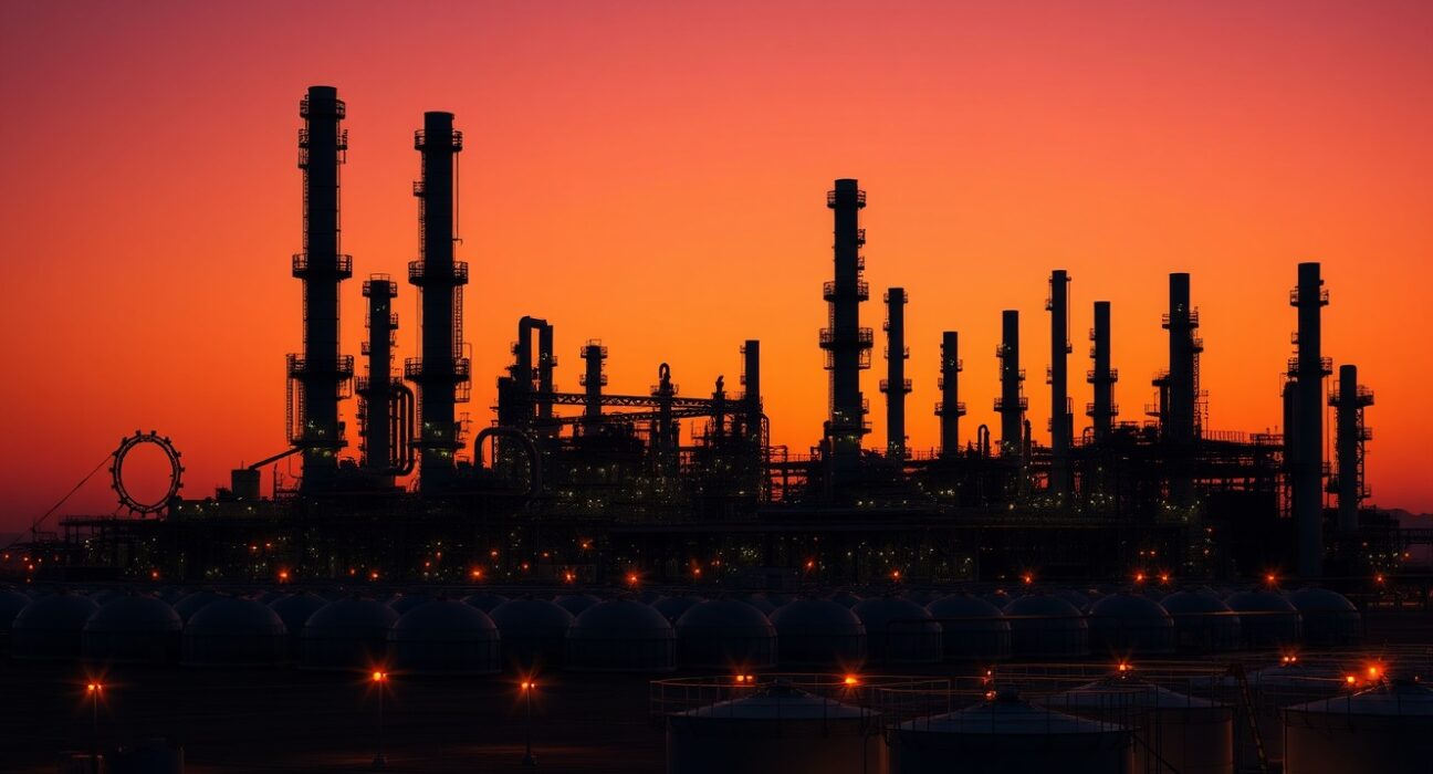 Oil refinery at dusk symbolizing WTI Crude Oil market stability amid Iran geopolitical tensions.
