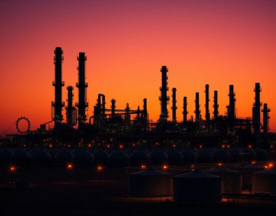 Oil refinery at dusk symbolizing WTI Crude Oil market stability amid Iran geopolitical tensions.