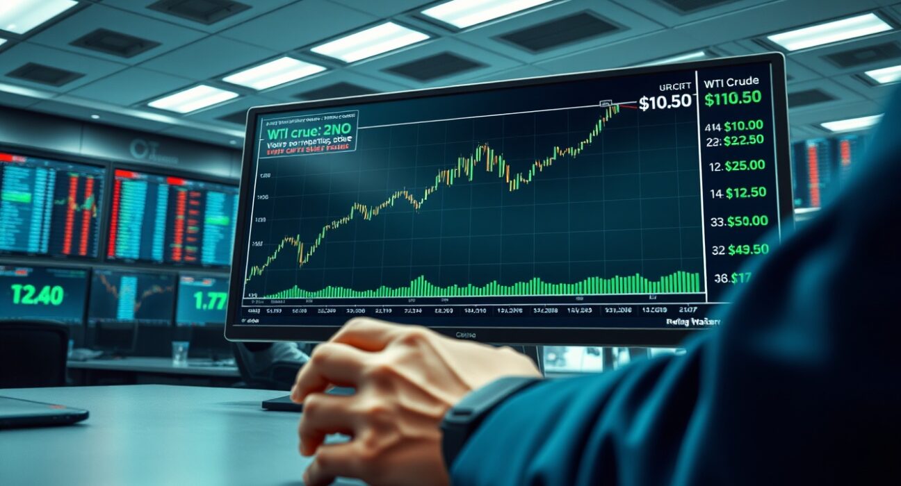 WTI crude oil price surge on trading terminal amid geopolitical tensions with Iran.