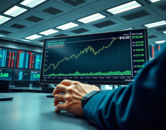 WTI crude oil price surge on trading terminal amid geopolitical tensions with Iran.