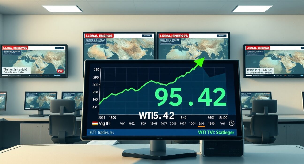 WTI crude oil price surge on trading display amid Middle East geopolitical news coverage.