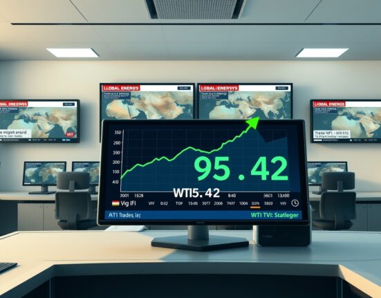 WTI crude oil price surge on trading display amid Middle East geopolitical news coverage.