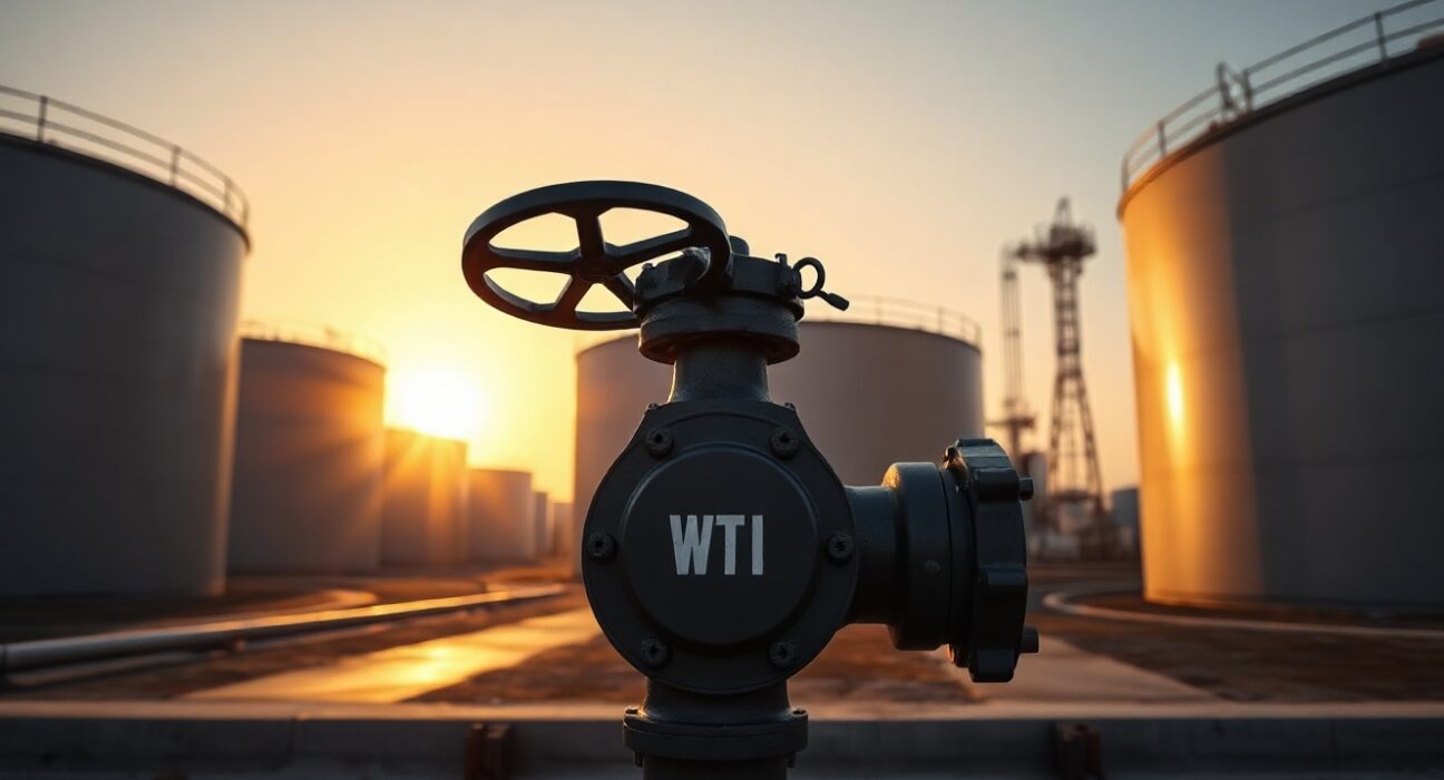 WTI crude oil pipeline valve at a storage tank farm during sunset, representing energy markets and geopolitical supply uncertainty.