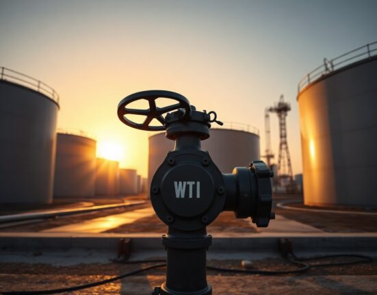 WTI crude oil pipeline valve at a storage tank farm during sunset, representing energy markets and geopolitical supply uncertainty.