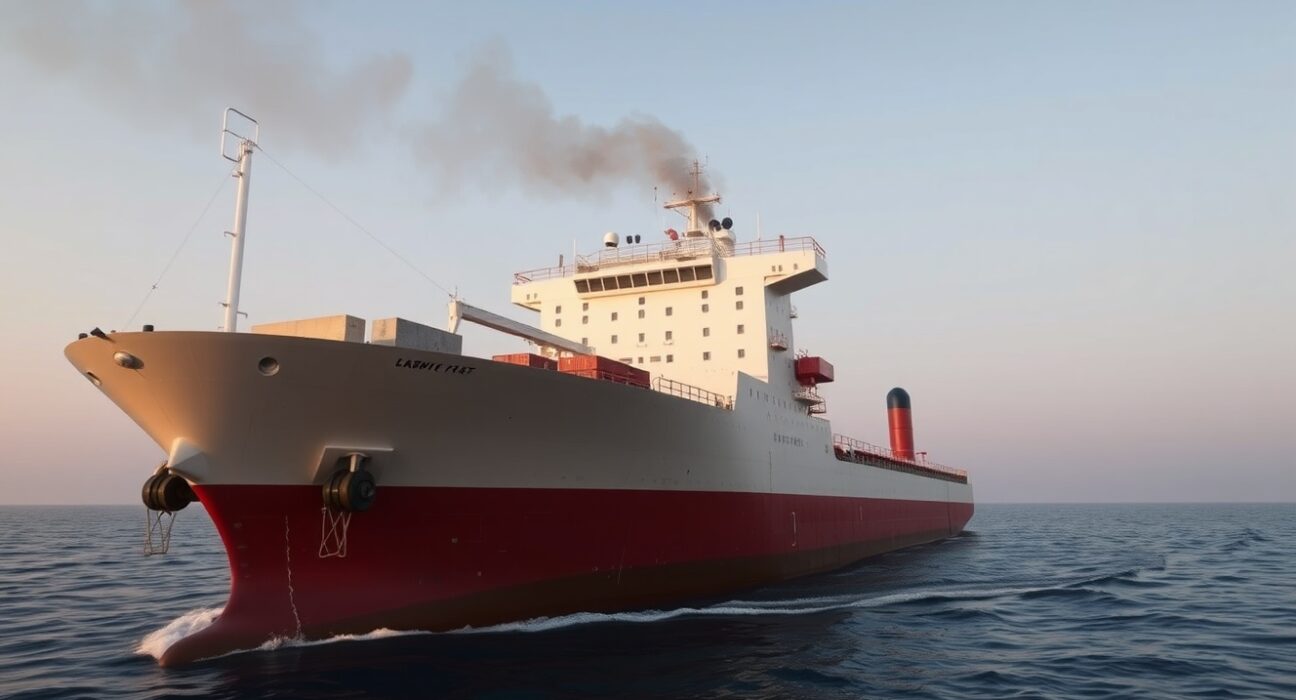Damaged cargo vessel in the Gulf of Oman after being struck, with smoke rising from the deck.