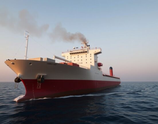 Damaged cargo vessel in the Gulf of Oman after being struck, with smoke rising from the deck.
