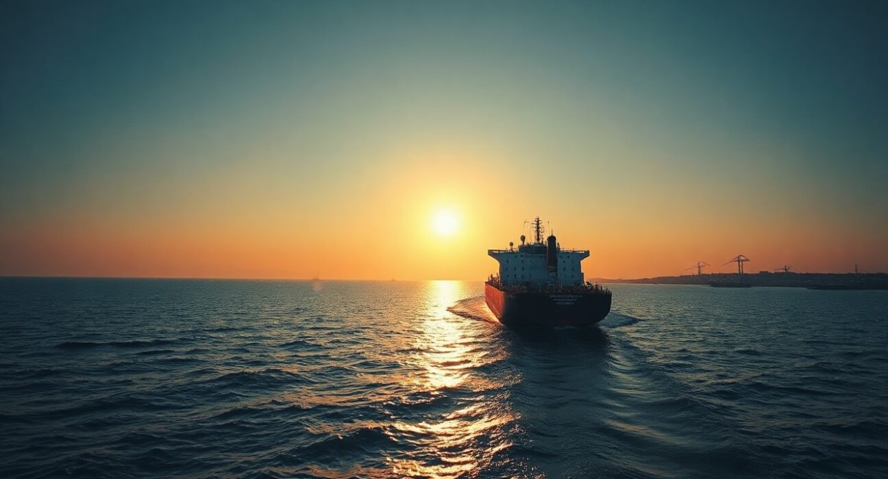 Oil tanker sailing through the Strait of Hormuz at sunset